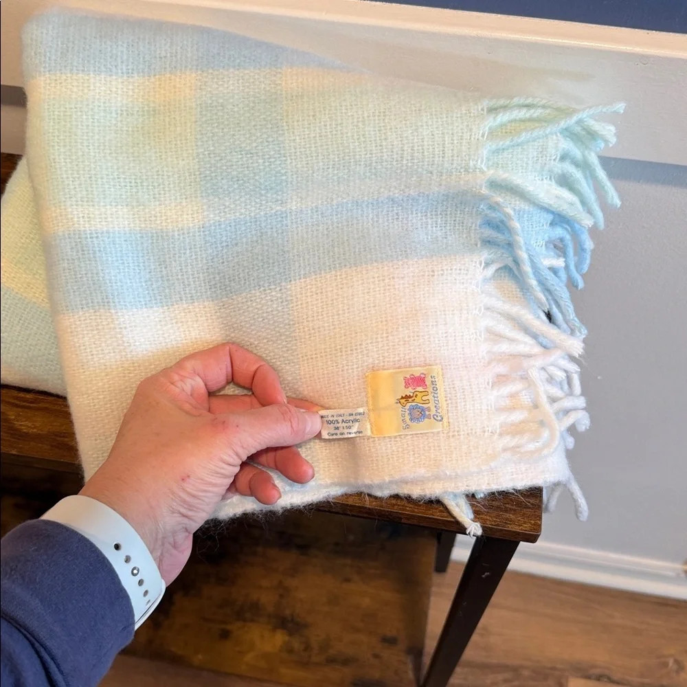 Vintage Baby Blanket Plaid Pastel 36”x50” Italy Fringe Small Creations 36x50”